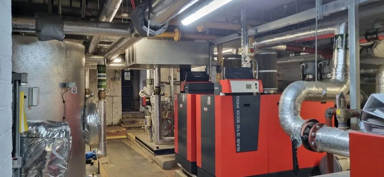 Commercial plant room with floor-standing gas boilers